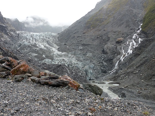 The terminus of Fox Glacier with low clouds above, Nov 2015